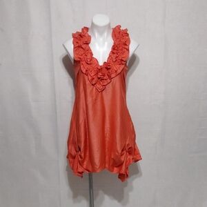 Apricot Orange Ruffle Neck Tunic Dress Small Satin Avant Garde Asymmetrical Hem